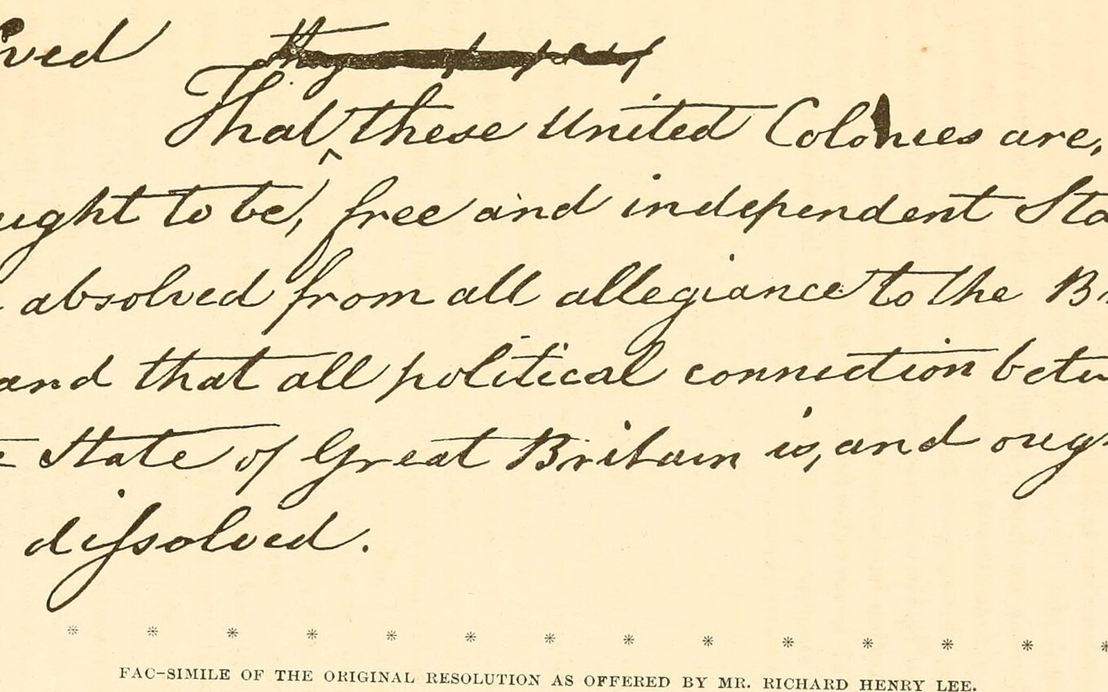 Handwritten facsimile of Richard Henry Lee's resolution declaring the colonies free and independent states