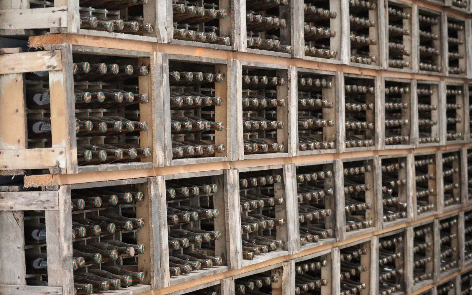 Rows of wine bottles stacked neck-first in wooden crates for aging
